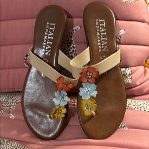 Italian Shoemakers Cream and Brown Sandals with Decorative Charms